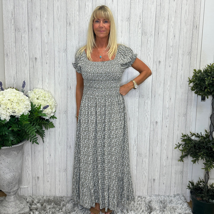 Made In Italy Lilly Ditsy Flower Print Maxi Dress Khaki Green - Sugarplum Boutique