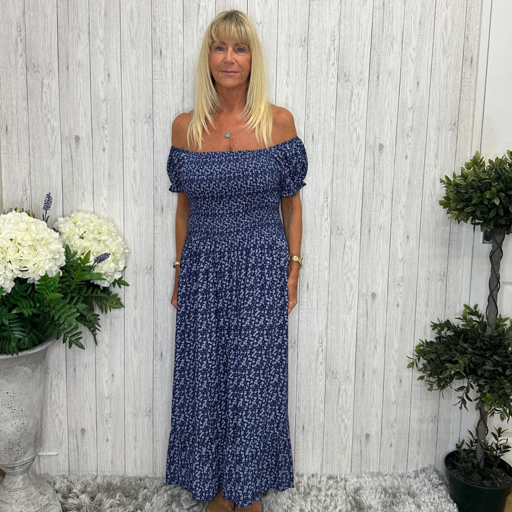 Made In Italy Lilly Ditsy Flower Print Maxi Dress Navy Blue - Sugarplum 