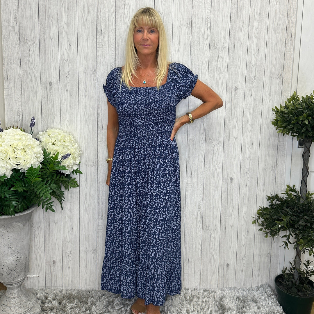 Made In Italy Lilly Ditsy Flower Print Maxi Dress Navy Blue - Sugarplum Boutique