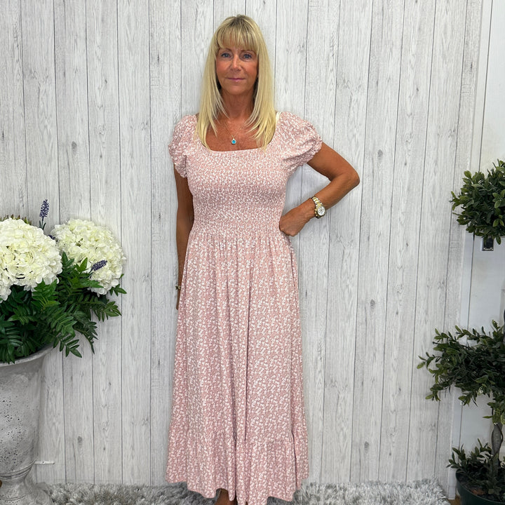 Made In Italy Lilly Ditsy Flower Print Maxi Dress Vintage Pink -Sugarplum Boutique