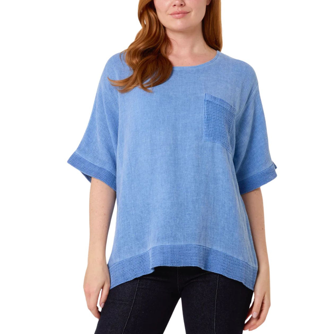 Made In Italy Lindy Denim Blue Linen Cotton Mix Contrast Pocket Top - Sugarplum Boutique