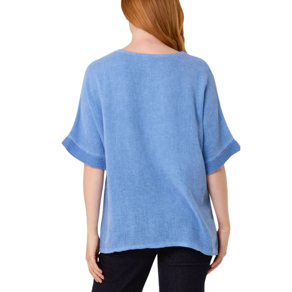 Made In Italy Lindy Denim Blue Linen Cotton Mix Contrast Pocket Top - Sugarplum Boutique