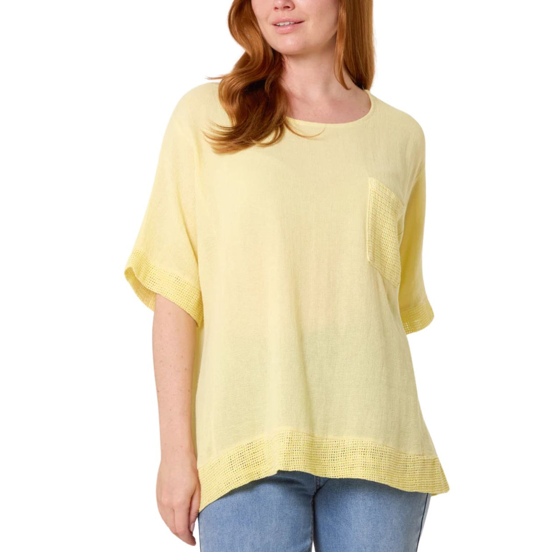 Made In Italy Lindy Lemon Yellow Linen Cotton Mix Contrast Pocket Top - Sugarplum Boutique