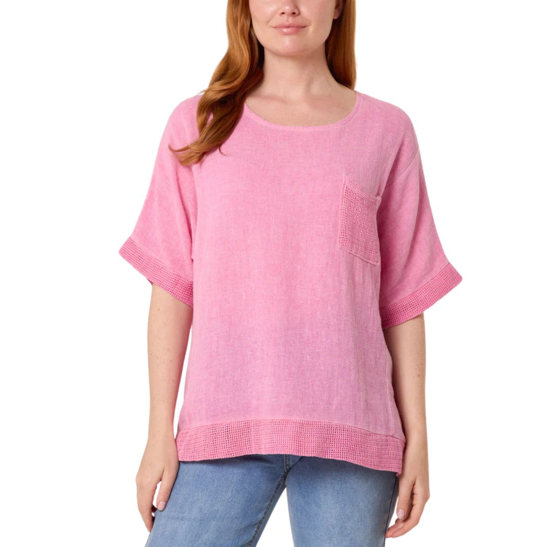 Made In Italy Lindy Pink Linen Cotton Mix Contrast Pocket Top - Sugarplum Boutique