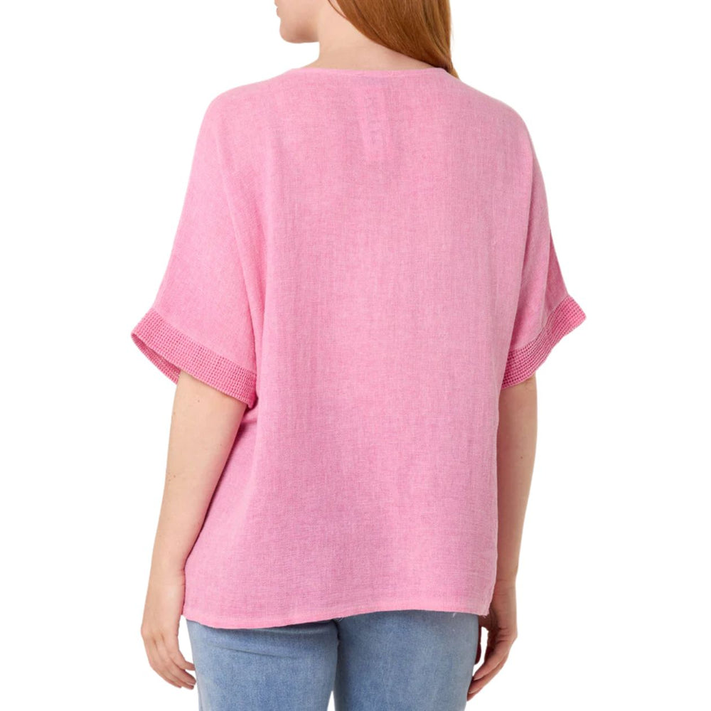Made In Italy Lindy Pink Linen Cotton Mix Contrast Pocket Top - Sugarplum Boutique