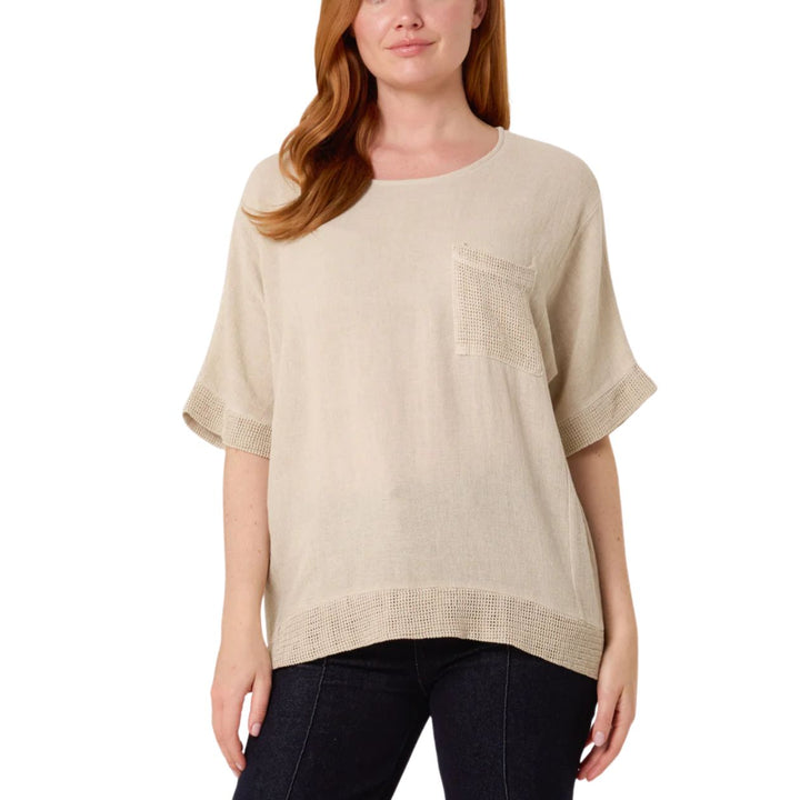 Made In Italy Lindy Stone Linen Cotton Mix Contrast Pocket Top - Sugarplum Boutique 
