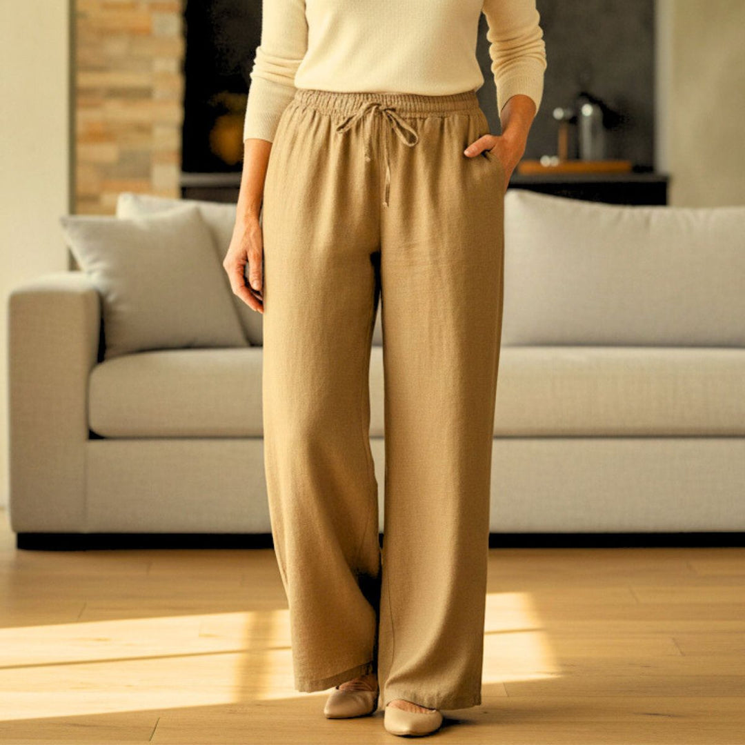 Made In Italy Lisa Camel Brown Linen Mix Wide Leg Trousers - Sugarplum Boutique