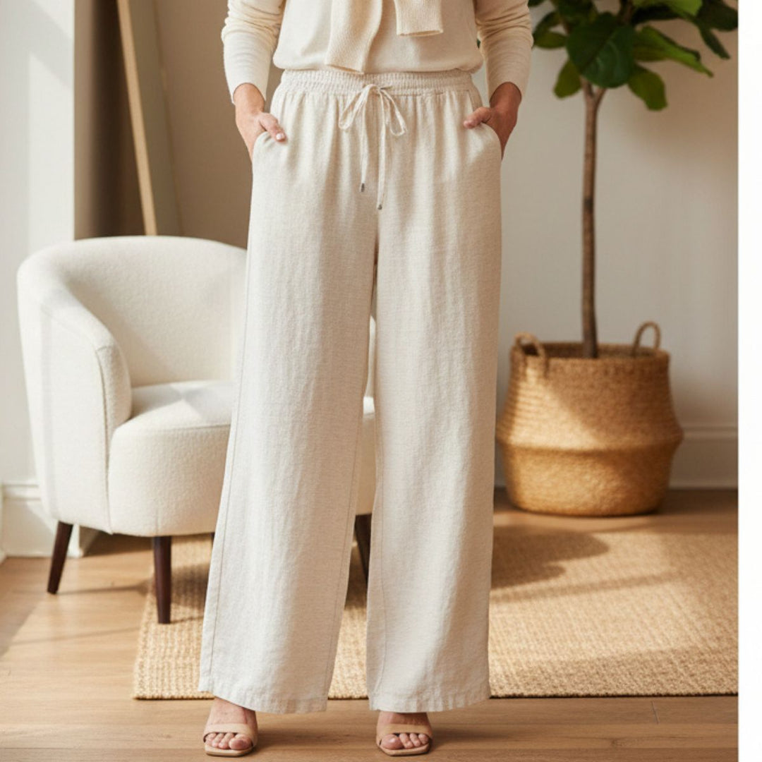 Made In Italy Lisa Cream Linen Mix Wide Leg Trousers - Sugarplum Boutique