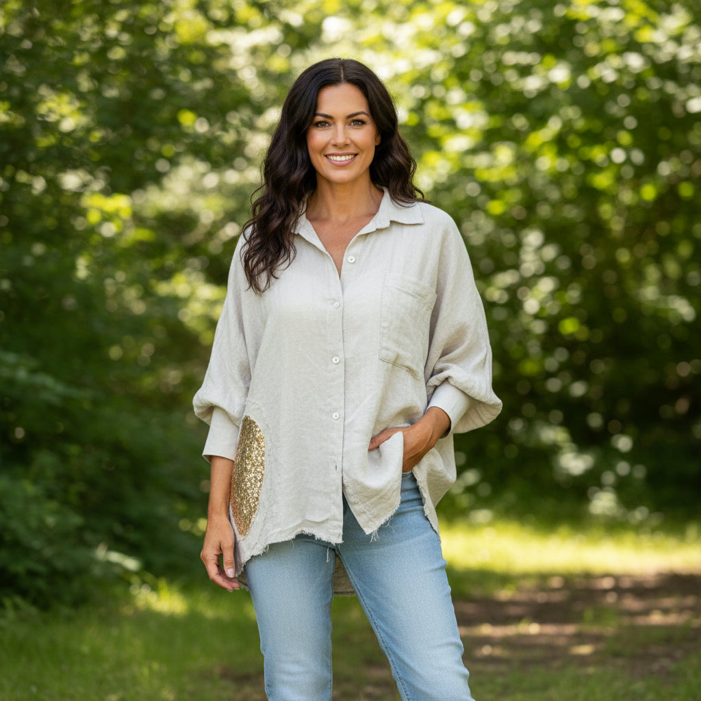 Made In Italy Lisbon Sequin Heart Stone Linen Shirt - Sugarplum Boutique