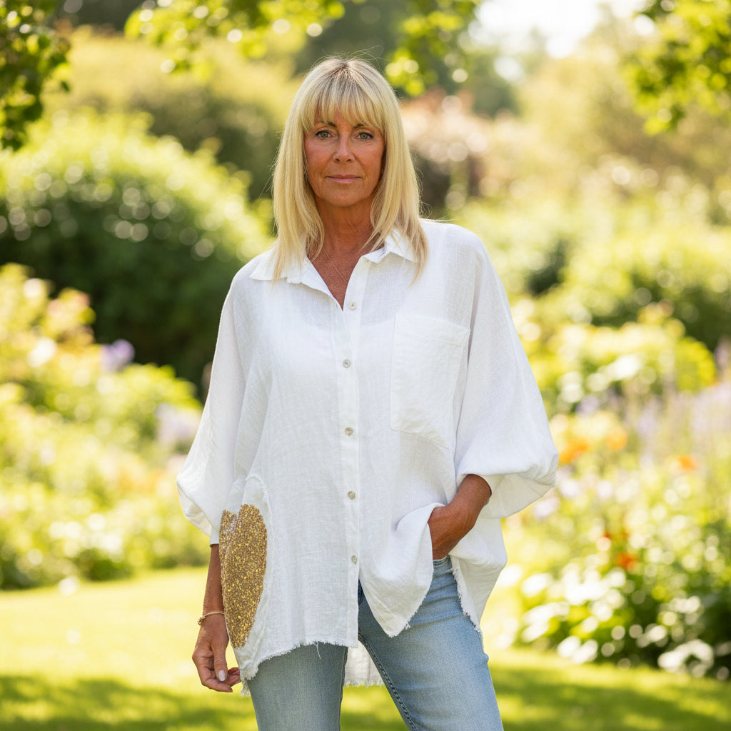 Made In Italy Lisbon Sequin Heart White Linen Shirt - Sugarplum Boutique