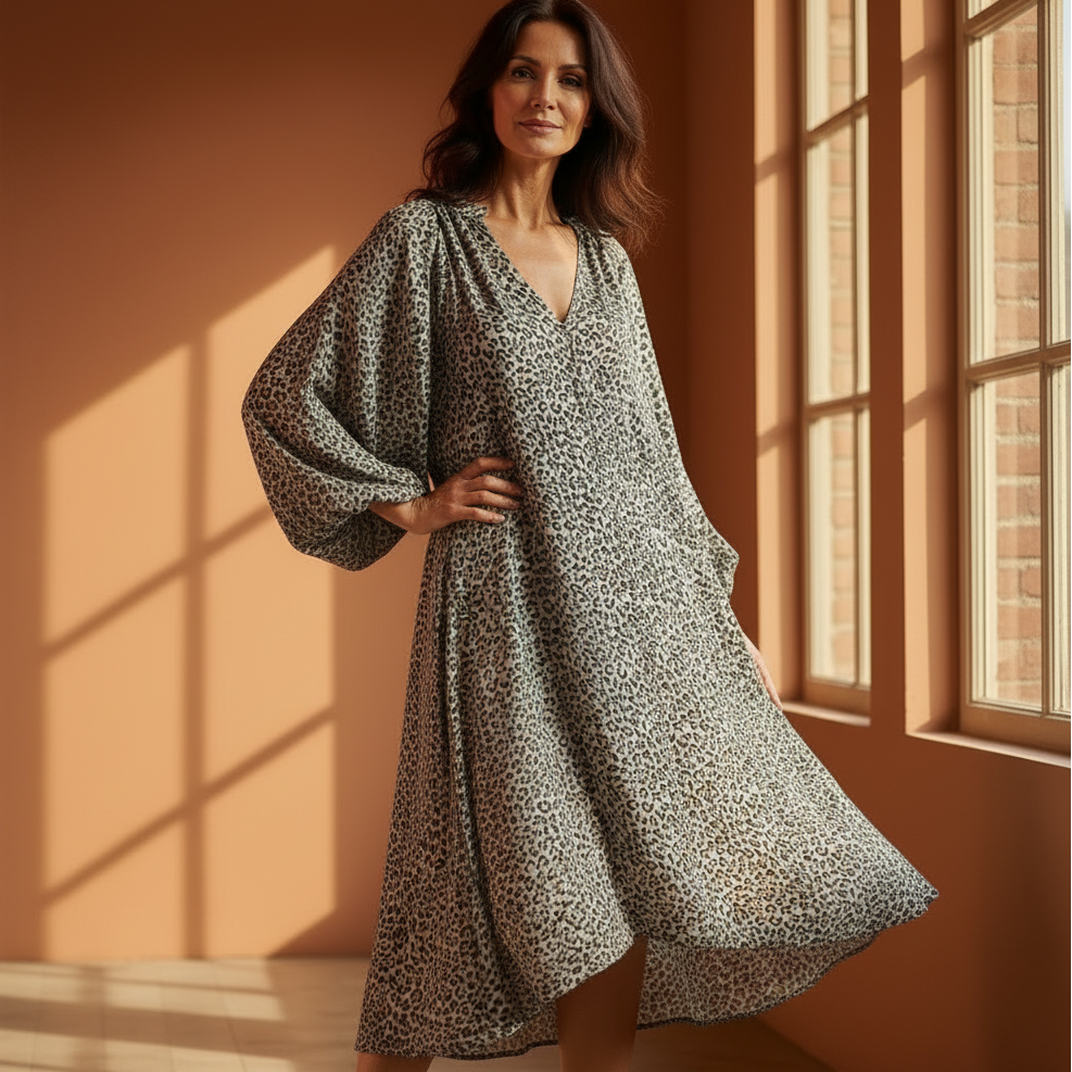 Made In Italy Lou Animal Print Grey Wide Sleeve Tunic Dress - Sugarplum Boutique