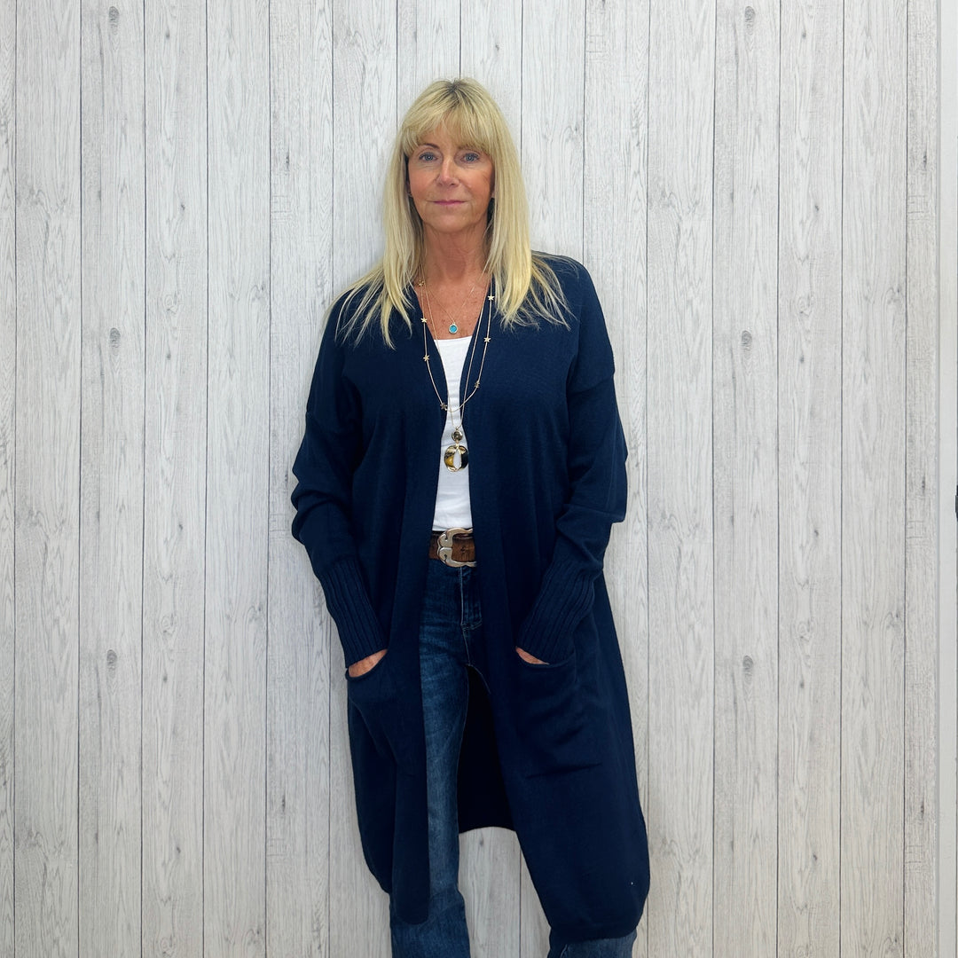 Made In Italy Loxy Navy Blue Cashmere Mix Long Cardigan - Sugarplum Boutique