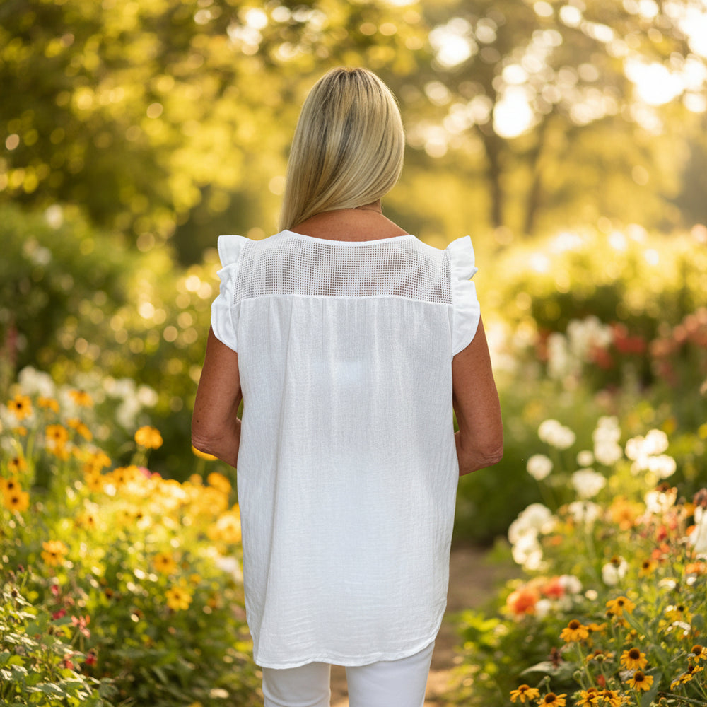 Made In Italy Lucy Wooden Button White Cotton Mesh Top - Sugarplum Boutique
