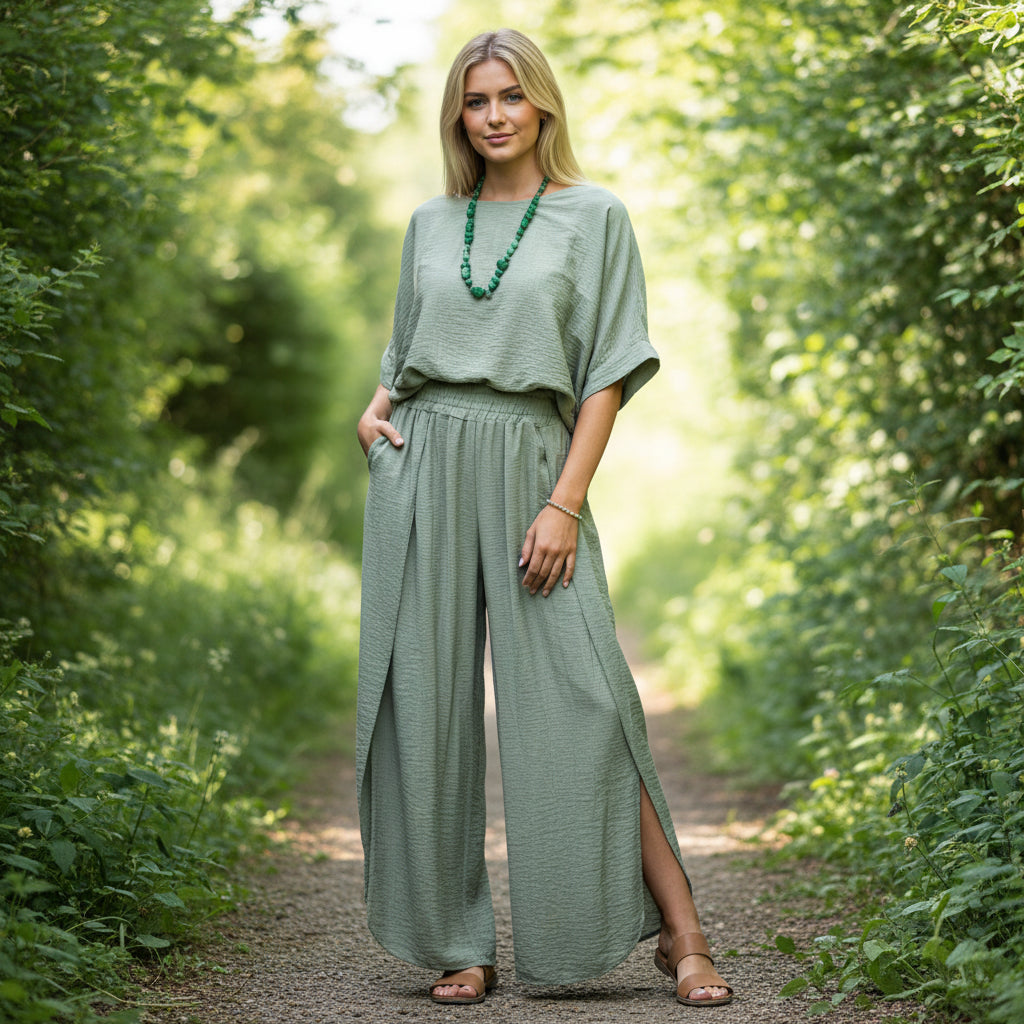 Made In Italy Luella Sage Green Split Leg Trouser - Sugarplum Boutique