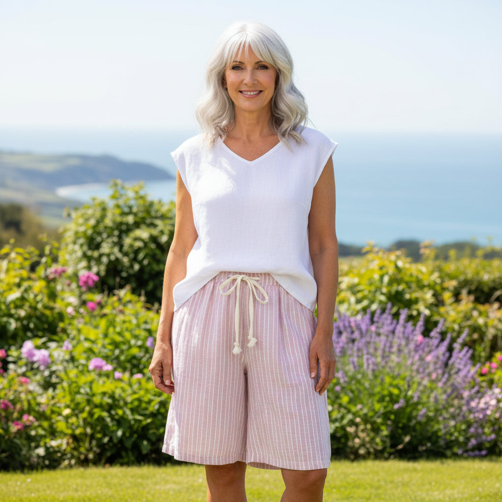 Made In Italy Lula Striped Pink Cotton Blend Belted Shorts -Sugarplum Boutique