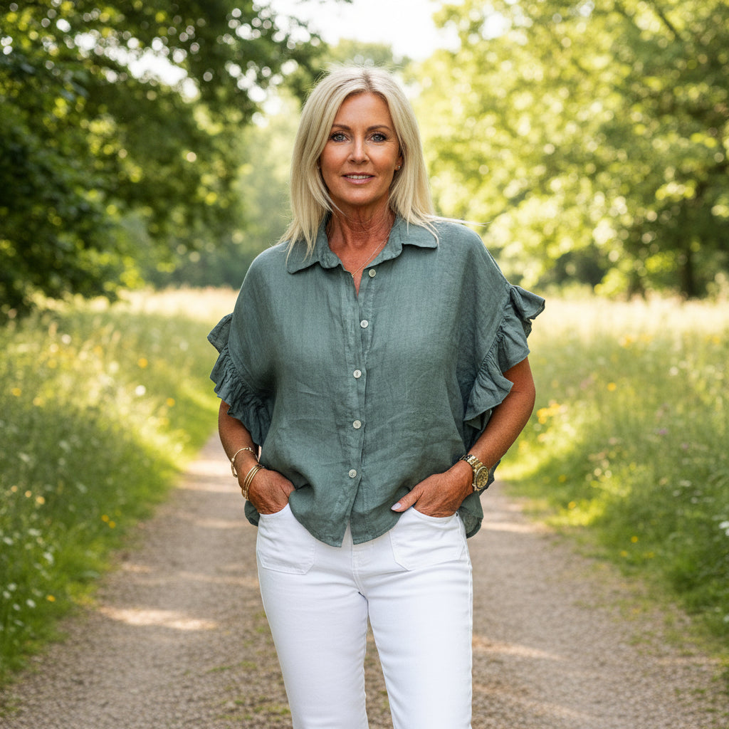 Made In Italy Mackenzie Frill Side Khaki Green Button Shirt - Sugarplum Boutique