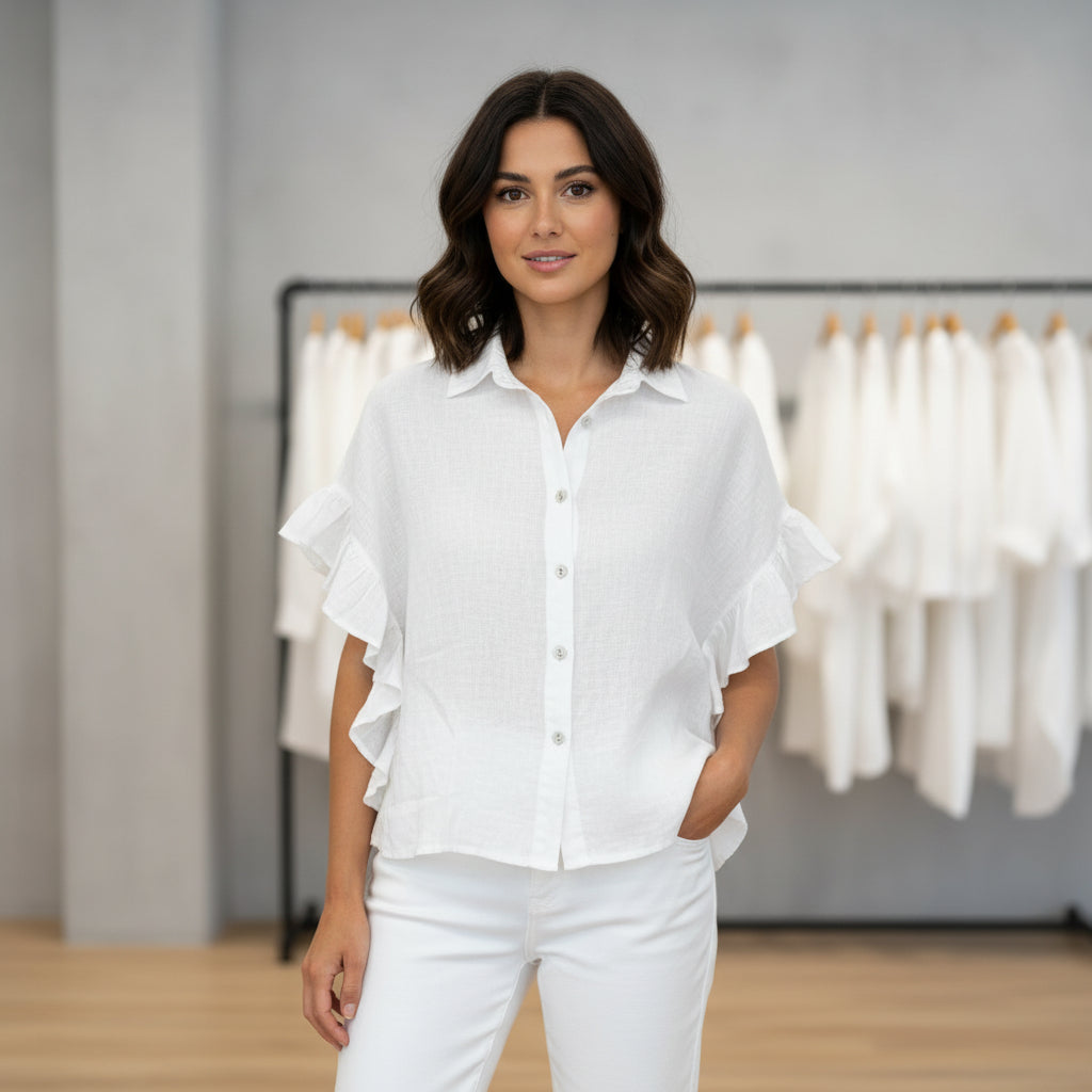 Made In Italy Mackenzie Frill Side White Button Shirt - Sugarplum Boutique