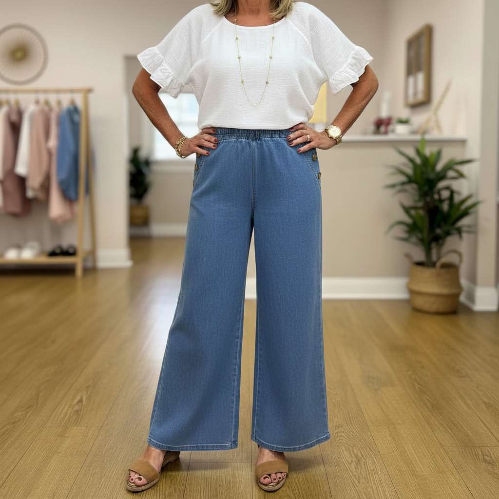 Made-In-Italy-Mid-Denim-Three Button-Cotton-Wide-Leg-Trousers