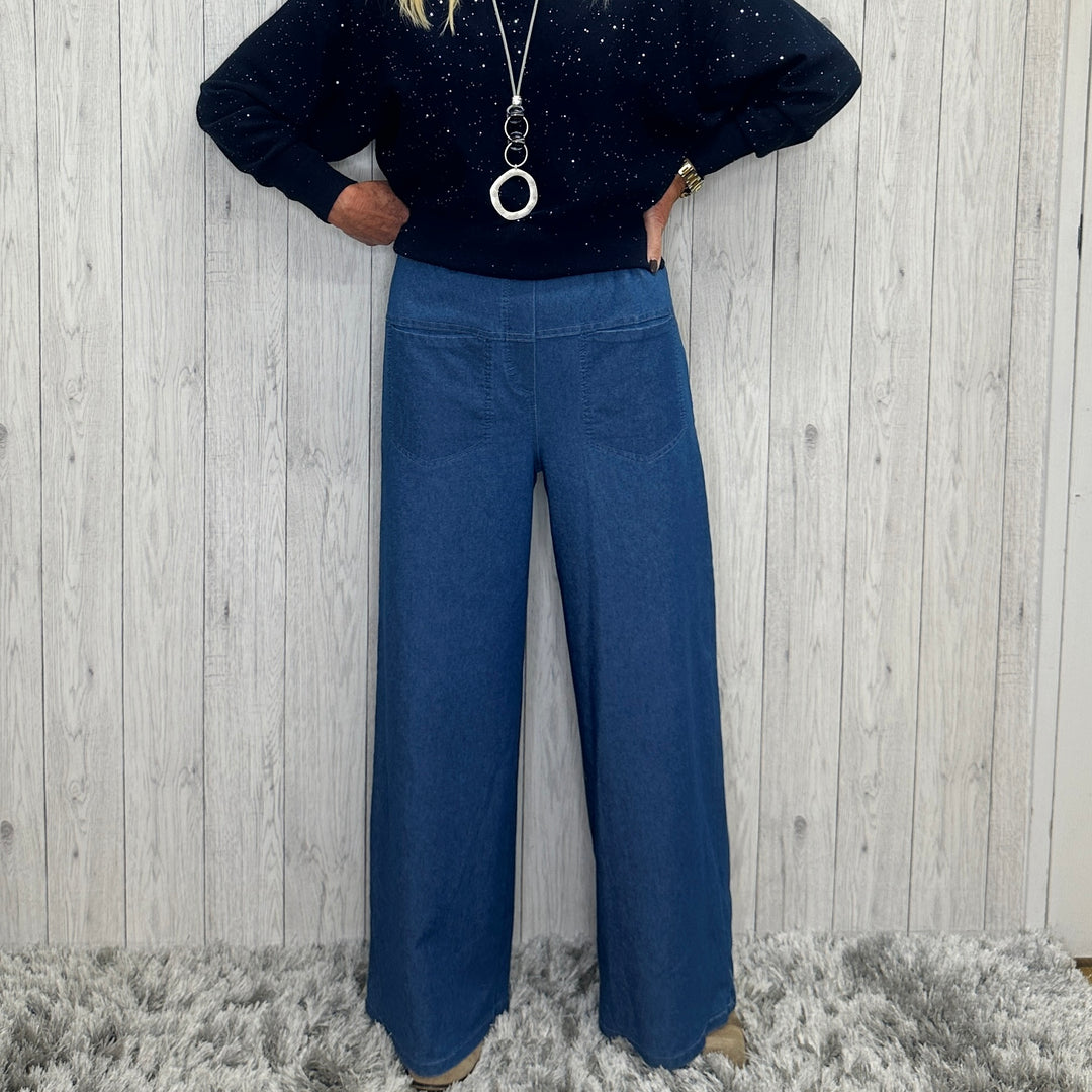 Made In Italy Mid Denim Wide Leg Cotton Lightweight Jeans - Sugarplum Boutique