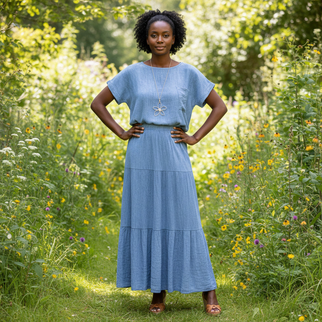 Made In Italy Milano Crinkle Denim Blue Short Sleeve Top - Sugarplum Boutique