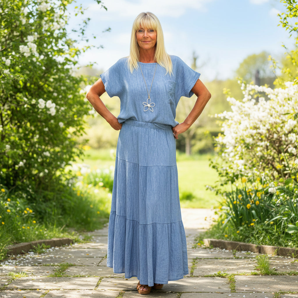 Made In Italy Milano Crinkle Denim Blue Tiered Boho Skirt - Sugarplum Boutique