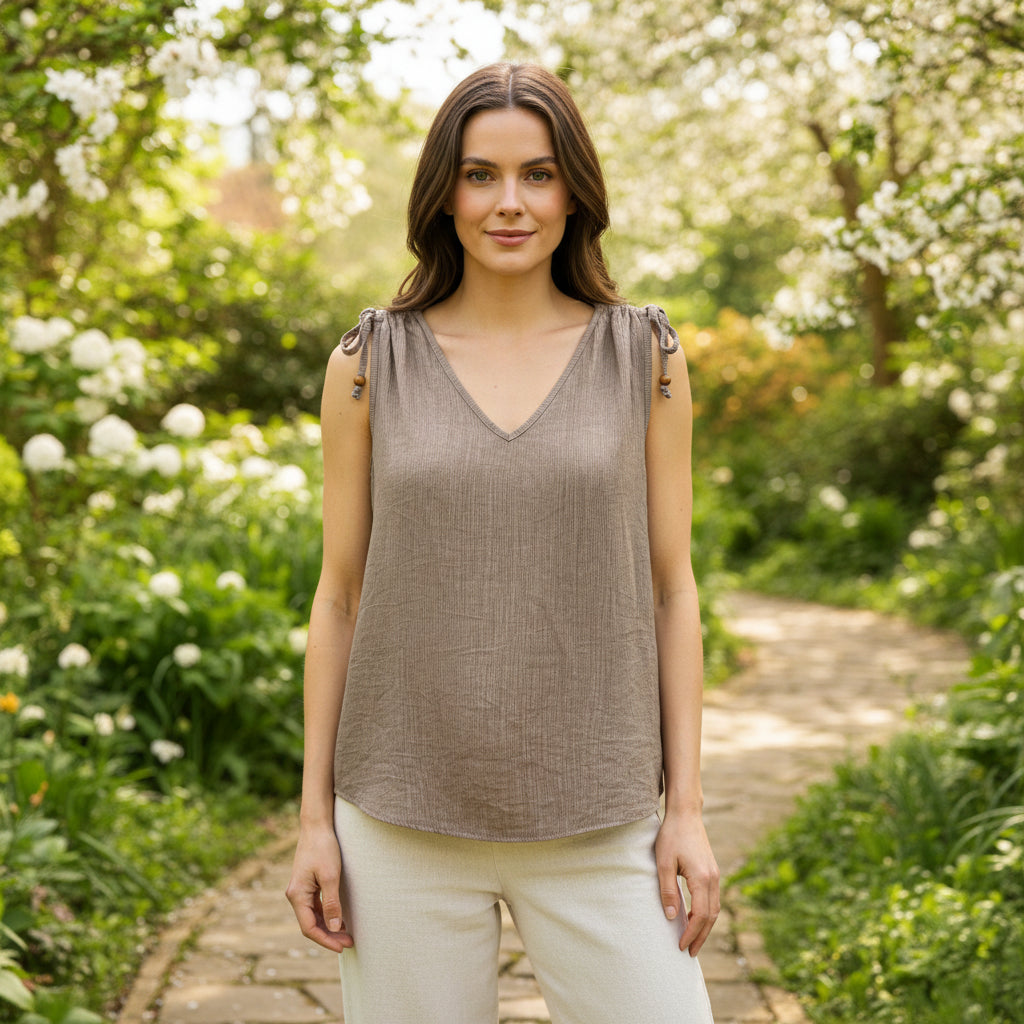Made In Italy Milano Crinkle Mocha Brown Beaded Strap Vest Top - Sugarplum Boutique