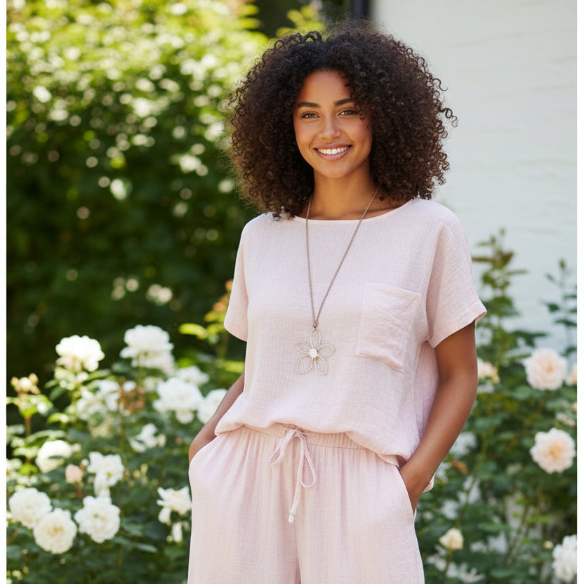 Made In Italy Milano Crinkle Vintage Pink Short Sleeve Top - Sugarplum Boutique