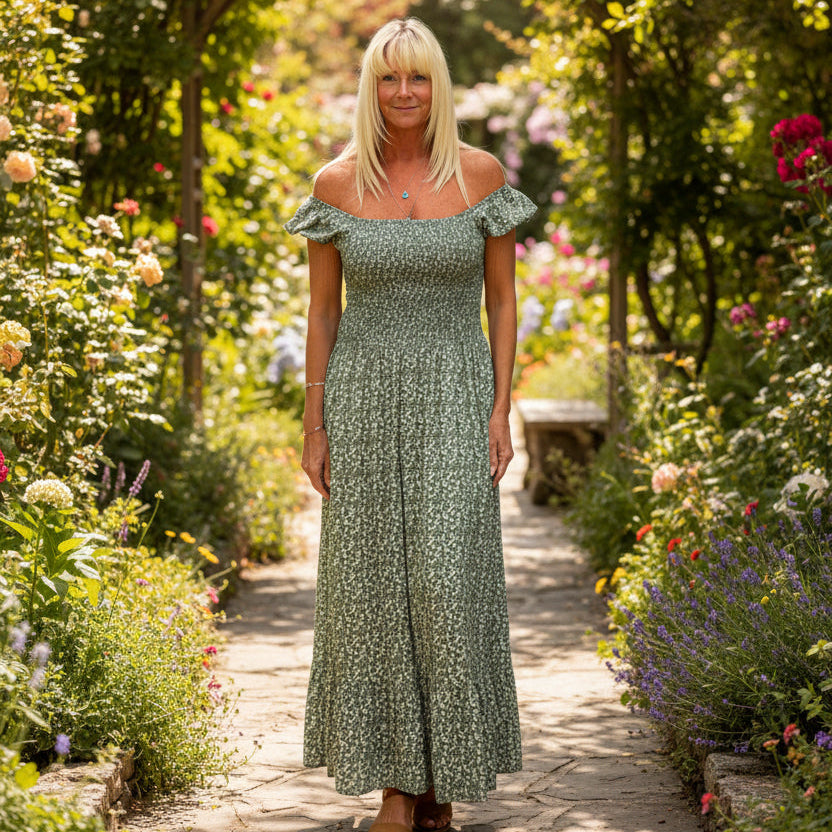 Made In Italy Mocha Brown Ditsy Flower Shirred Bardot Maxi Dress - Sugarplum Boutique