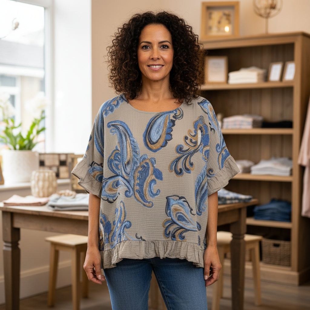 Made In Italy Mocha Brown Paisley Design Cotton Top - Sugarplum Boutique
