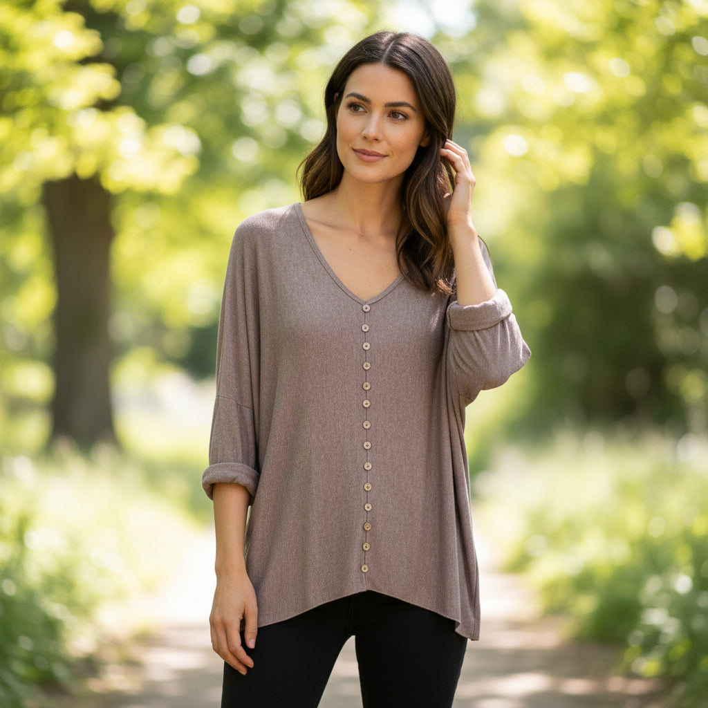Made In Italy Zuzu Mocha Brown Button Front Relaxed Fit Top - Sugarplum Boutique