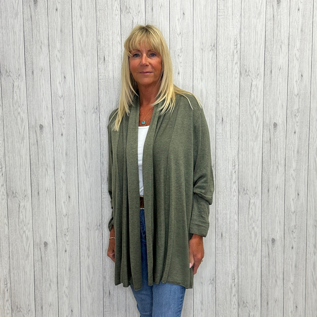 Made In Italy Moya Edge To Edge Long Sleeve Cardigan Khaki Green - Sugarplum Boutique