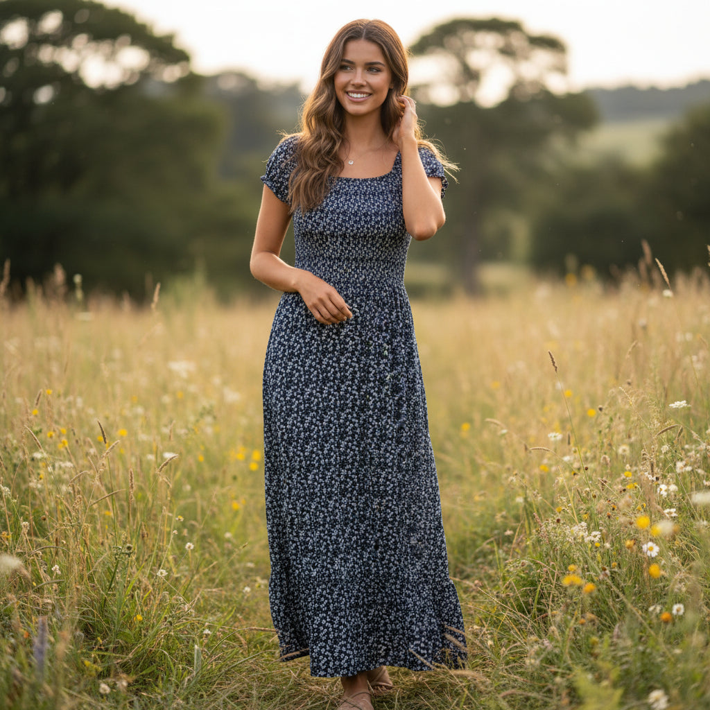 Made In Italy Navy Blue Ditsy Flower Shirred Bardot Maxi Dress - Sugarplum Boutique