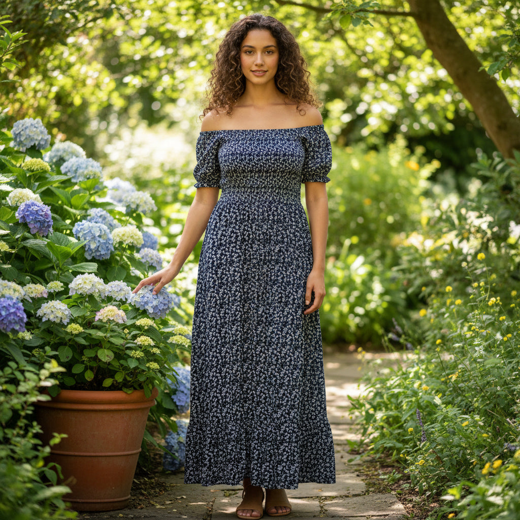 Made In Italy Navy Blue Ditsy Flower Shirred Bardot Maxi Dress - Sugarplum Boutique