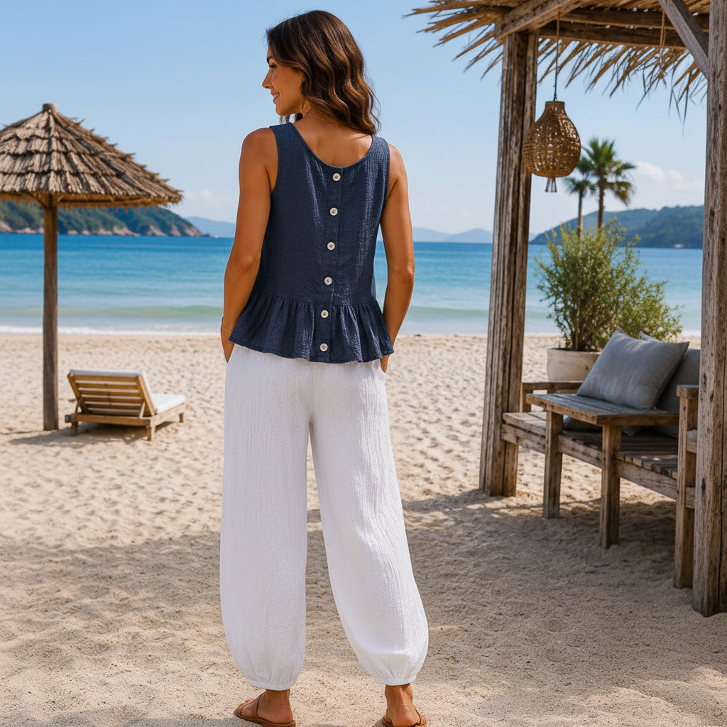 Made In Italy Navy Blue Milano Crinkle Button Back Vest - Sugarplum Boutique