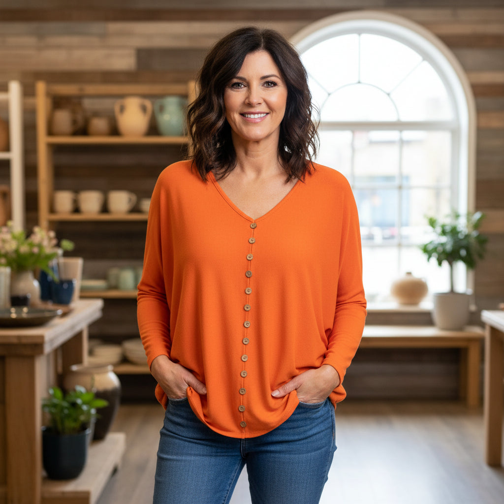 Made In Italy Orange Zuzu Button Front Relaxed Fit Top - Sugarplum Boutique