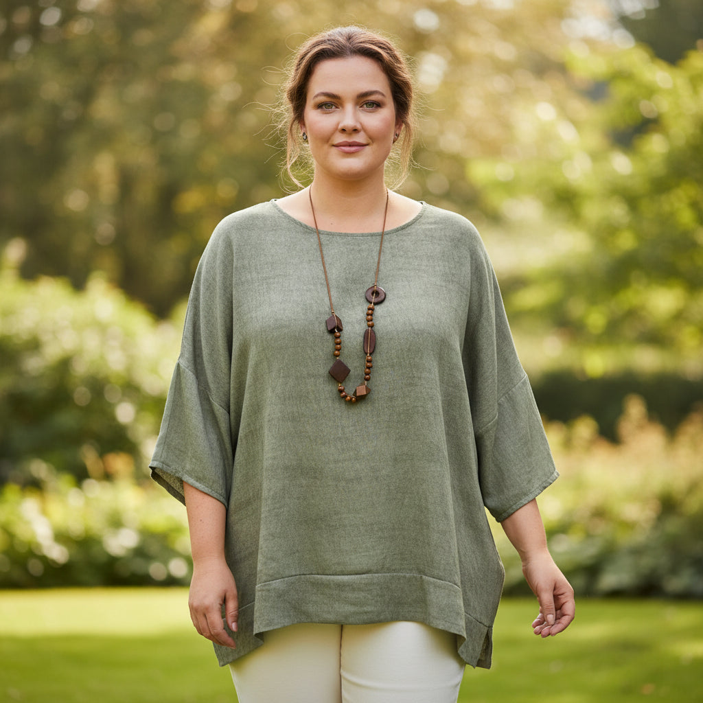 Made In Italy Oversize Khaki Green Wash Necklace Top - Sugarplum Boutique