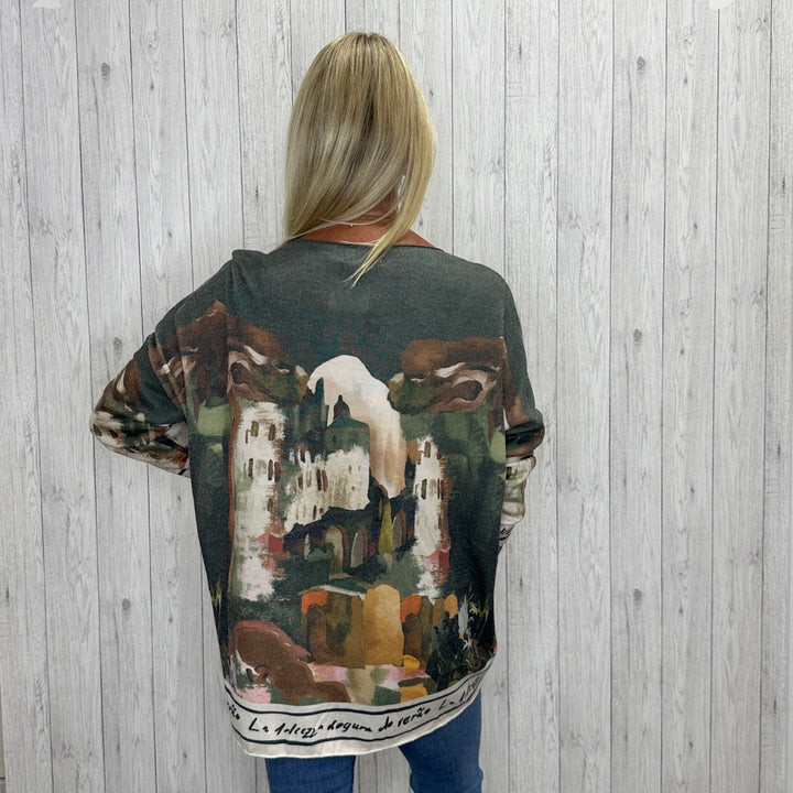 Made In Italy Oversize Long Sleeve Landscape Top Khaki Green - Sugarplum Boutique