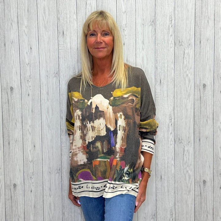 Made In Italy Oversize Long Sleeve Landscape Top Mocha Brown - Sugarplum Boutique
