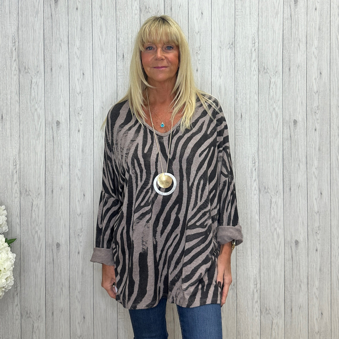 Made In Italy Oversize Zebra Print Top Mocha Brown - Sugarplum Boutique
