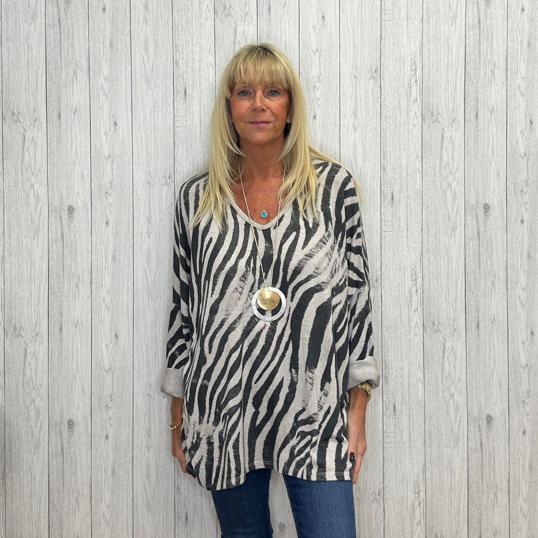 Made In Italy Oversize Zebra Print Top Stone - Sugarplum Boutique