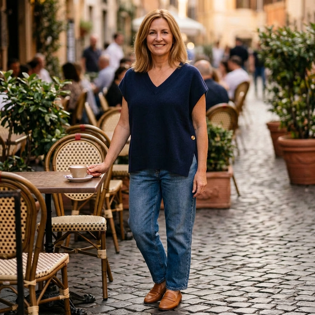 Made In Italy Passion Single Button Navy Blue Sleeveless Jumper - Sugarplum Boutique