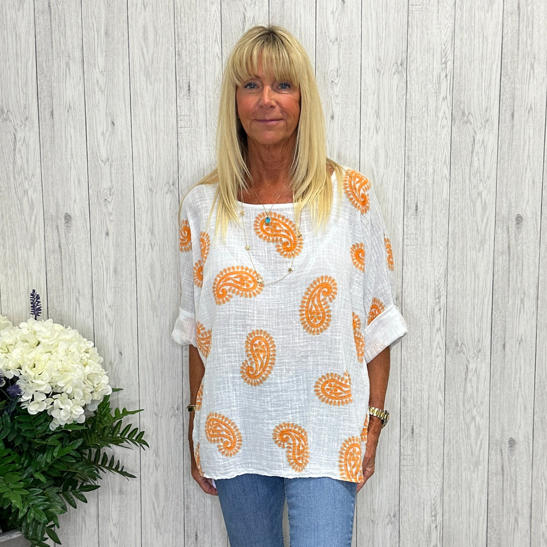 Made In Italy Petra Paisley Print Cotton Top Orange - Sugarplum Boutique