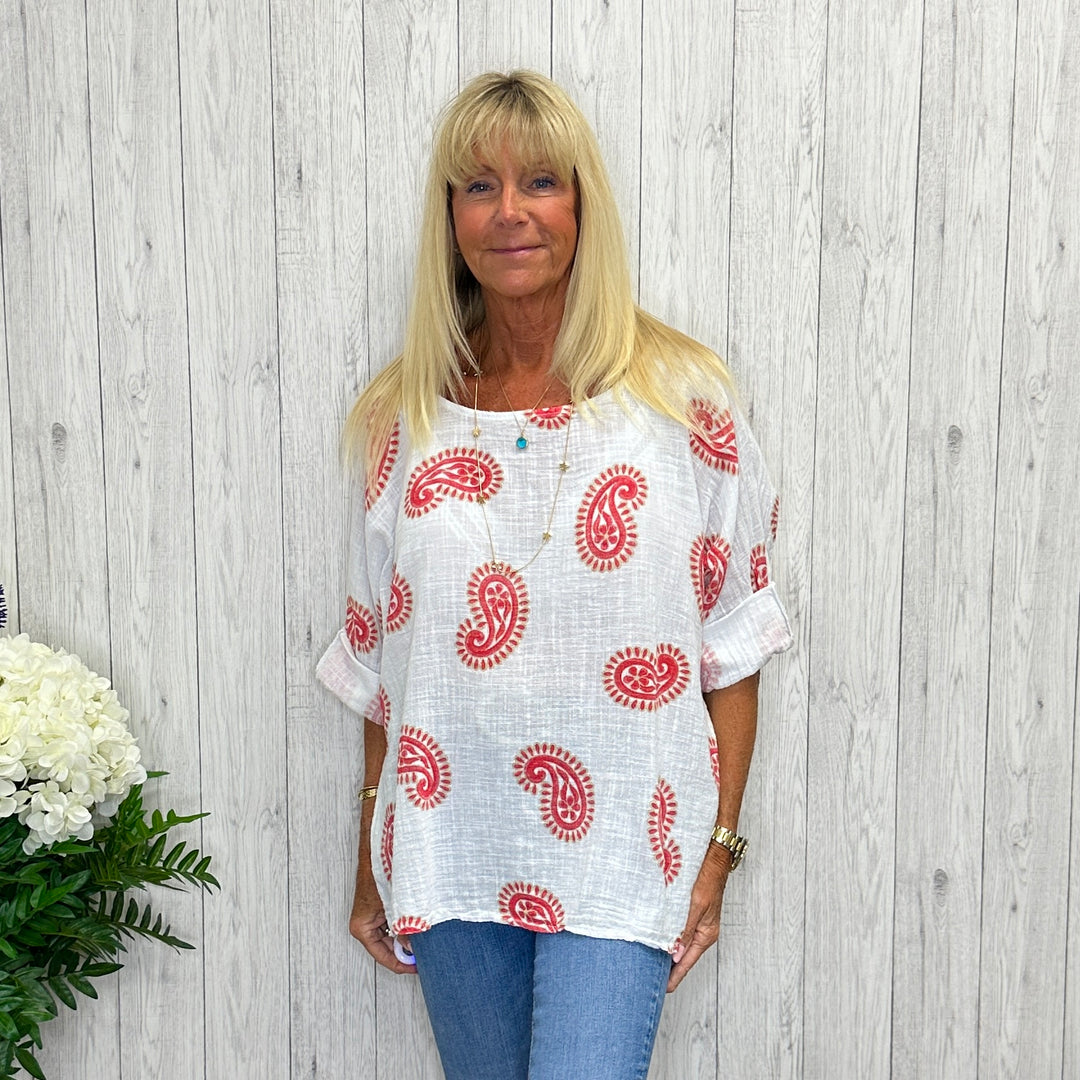 Made In Italy Petra Paisley Print Cotton Top Red - Sugarplum Boutique