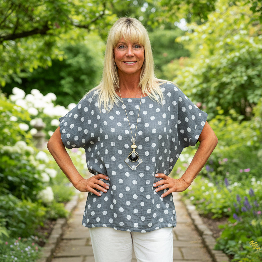 Made In Italy Polka Dot Charcoal Grey Necklace Top - Sugarplum Boutique