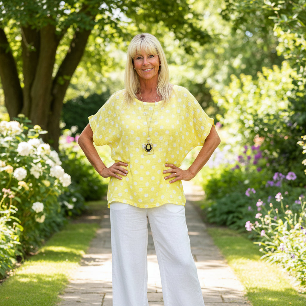 Made In Italy Polka Dot Lemon Yellow Necklace Top - Sugarplum Boutique