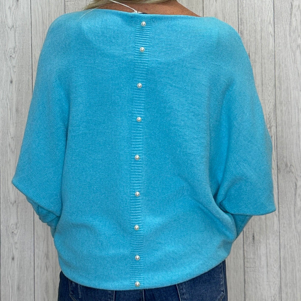 Made In Italy Polly Pearl Back Aqua Green Batwing Sleeve Jumper - Sugarplum Boutique