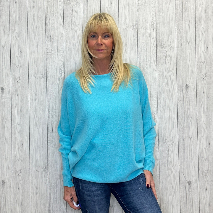 Made In Italy Polly Pearl Back Aqua Green Batwing Sleeve Jumper - Sugarplum Boutique