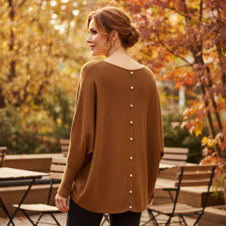 Made In Italy Polly Pearl Back Brown Batwing Sleeve Jumper - Sugarplum Boutique