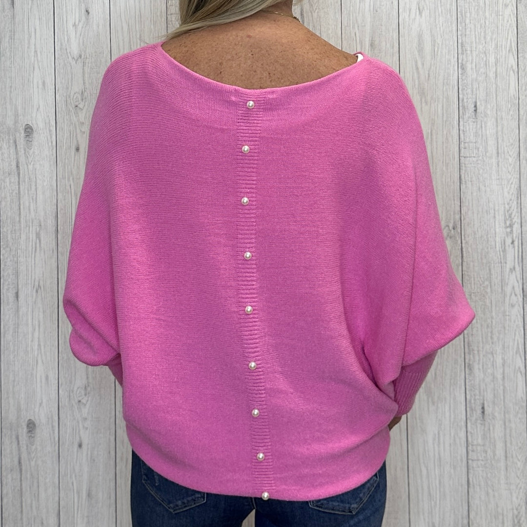 Made In Italy Polly Pearl Back Bubblegum Pink Batwing Sleeve Jumper - Sugarplum Boutique