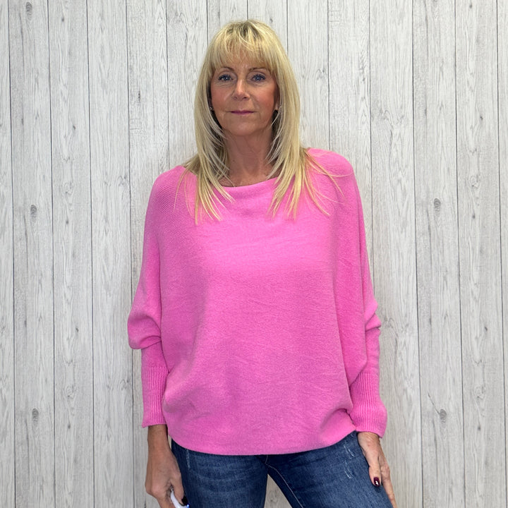Made In Italy Polly Pearl Back Bubblegum Pink Batwing Sleeve Jumper - Sugarplum Boutique